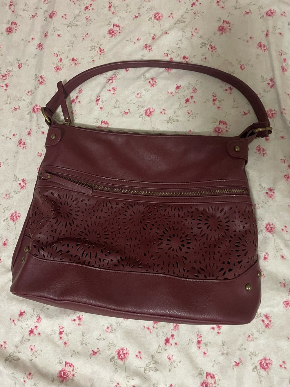 Women’s Burgundy Shoulder Bag with Laser-Cut Floral Panel